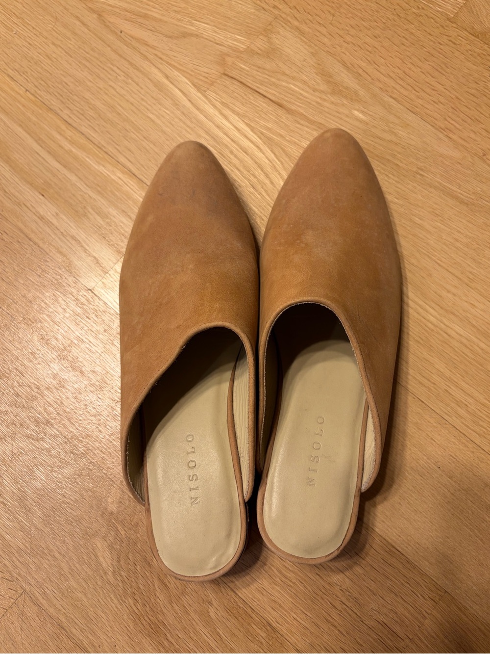 Nisolo Pointed Toe Suede Mules in Tan- size 8.5